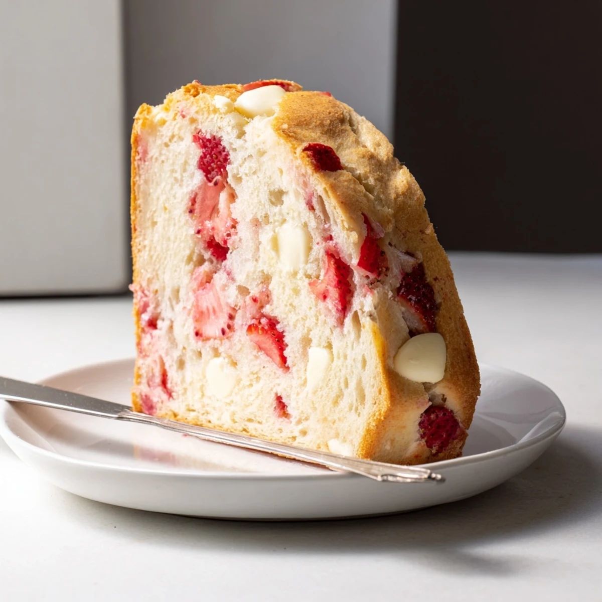 Sliced sourdough white chocolate chips strawberry bread revealing creamy white chocolate and fresh strawberries