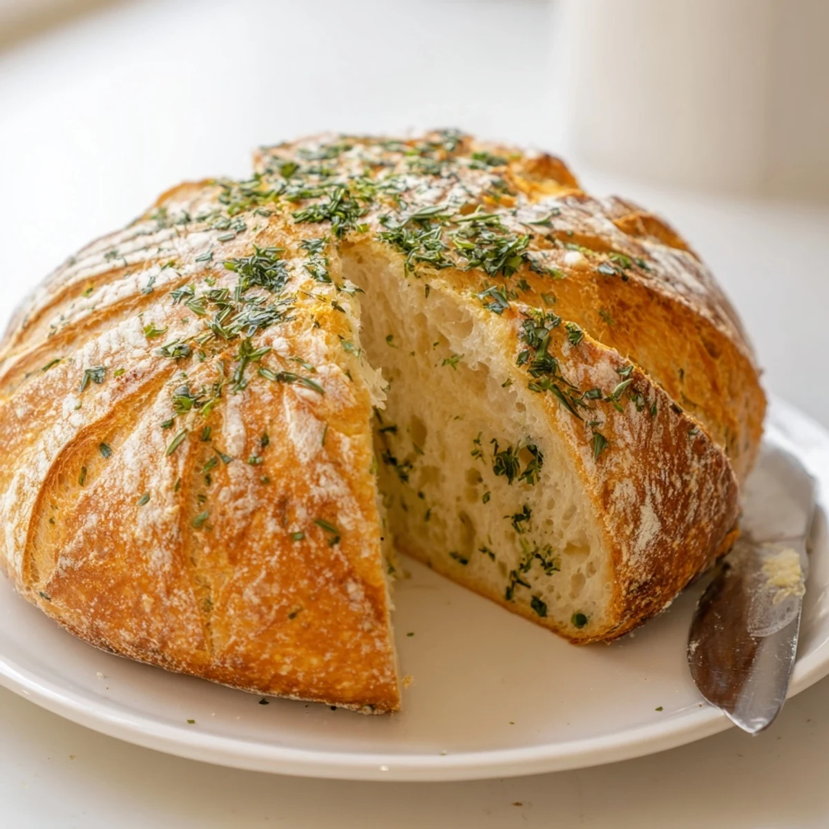 Rustic garlic herb Dutch oven bread with golden crust and tender crumb, brushed with melted butter and fresh parsley