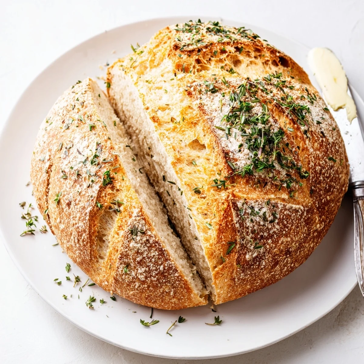 Artisan Dutch oven bread featuring aromatic garlic, rosemary, and thyme baked to golden perfection with a crispy exterior