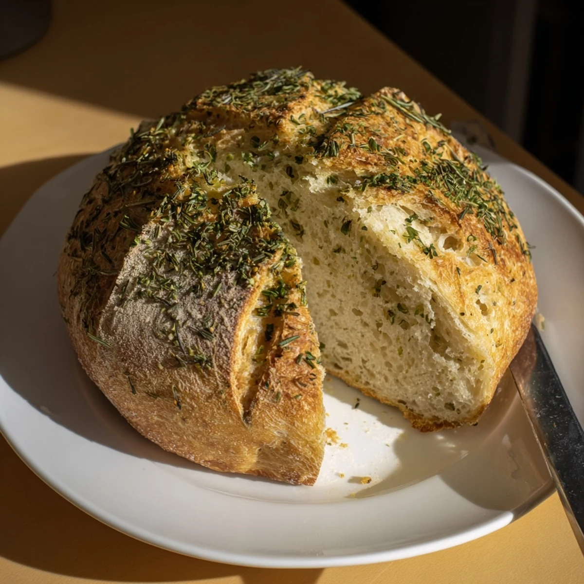 Homemade garlic herb Dutch oven bread loaf sliced to reveal soft interior, garnished with chopped parsley and melted butter