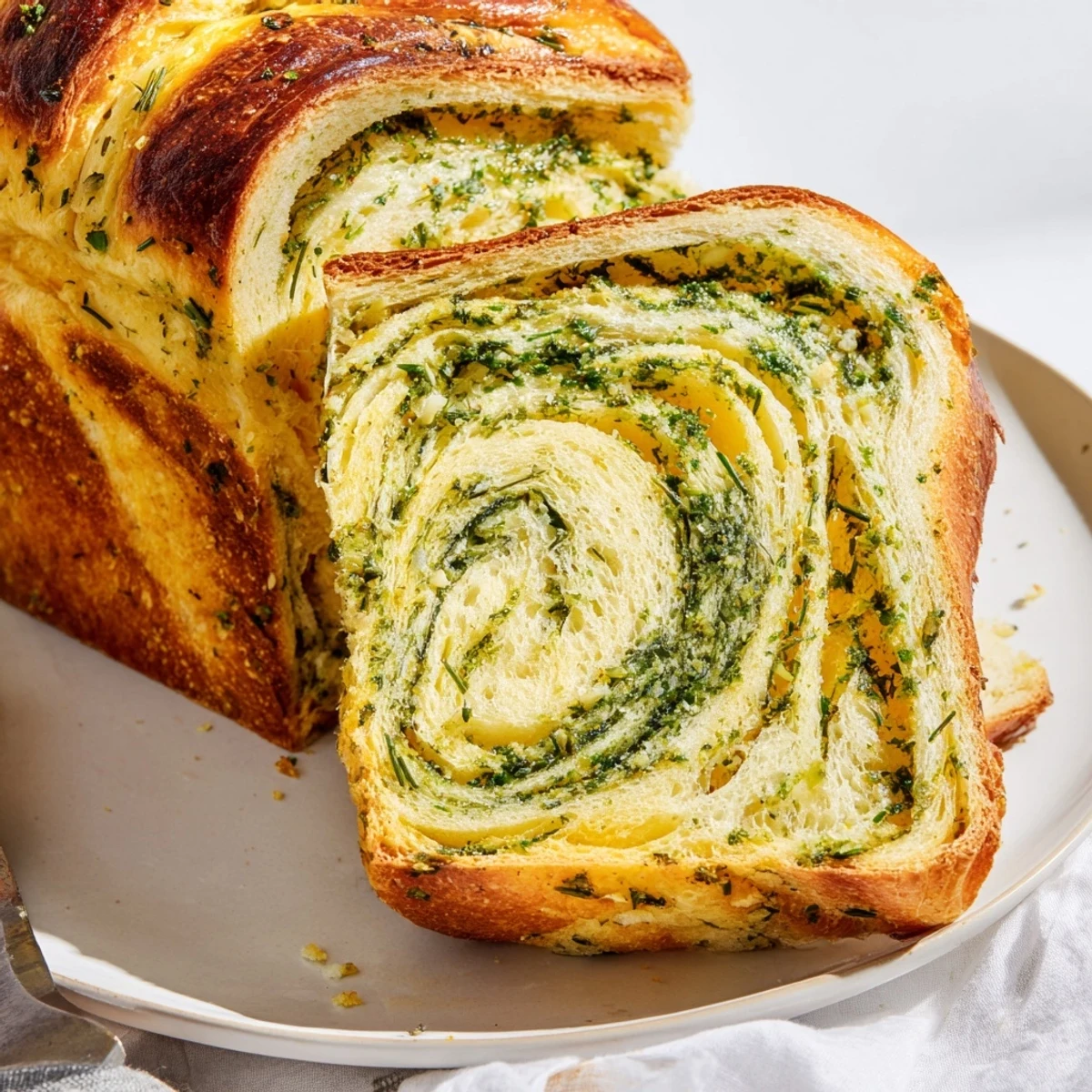 Golden garlic and herb bread loaf fresh from the oven with melted butter and fresh parsley