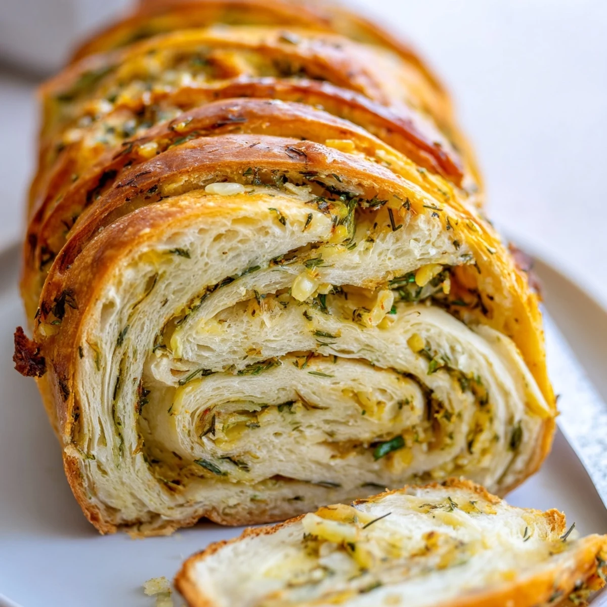 Warm fluffy garlic and herb bread sliced on a wooden board with scattered rosemary sprigs