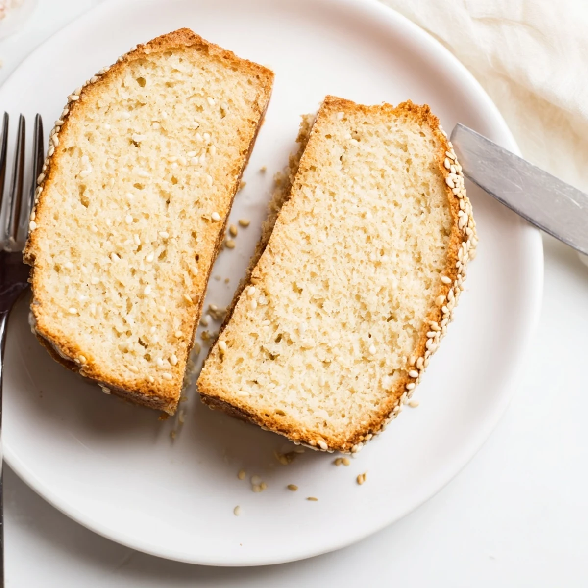 Golden zero carb yogurt bread loaf sliced on a wooden cutting board with butter