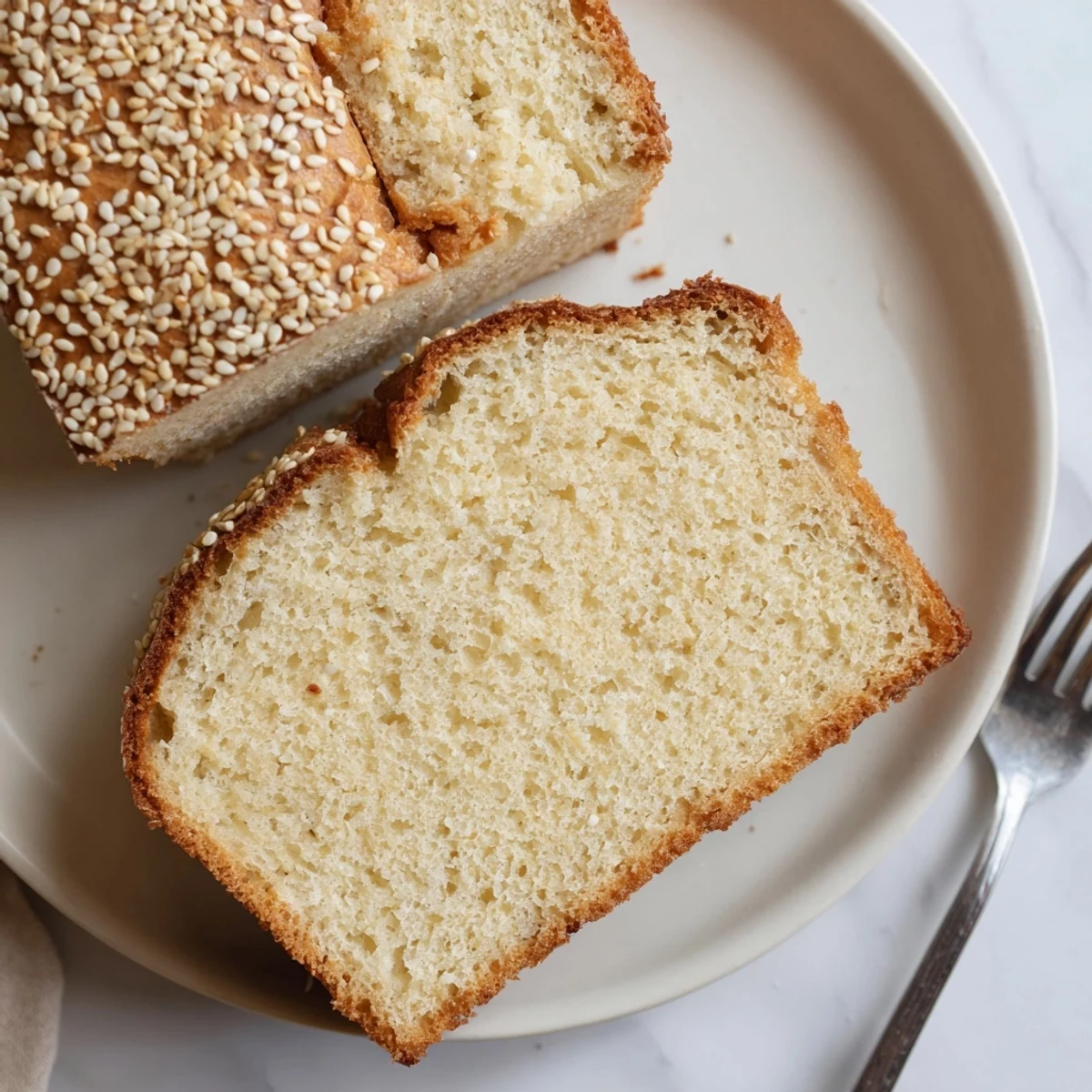 Homemade zero carb yogurt bread slices arranged on white plate alongside breakfast spread