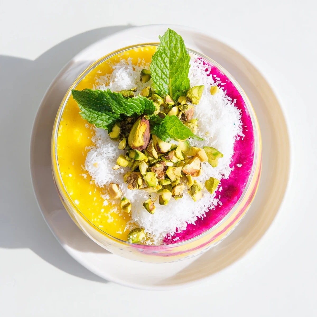 Layered mango and dragon fruit chia pudding in glass jars with mint garnish