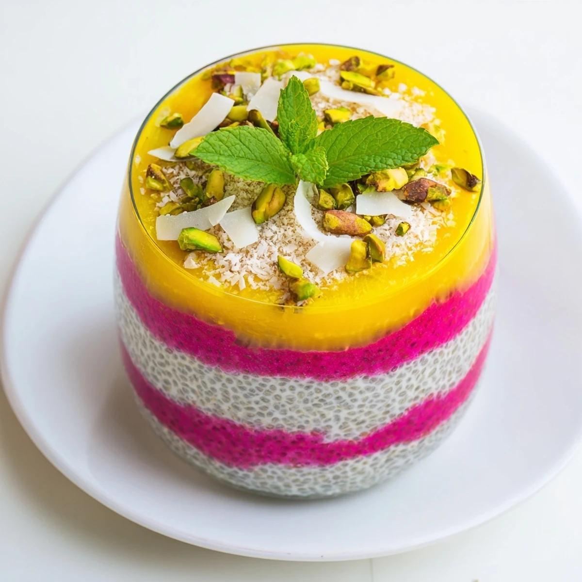 Glass of creamy mango dragon fruit chia pudding with coconut flakes and nuts