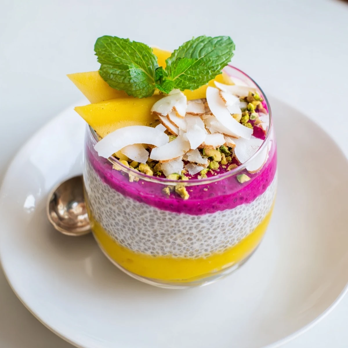 Tropical coconut chia pudding topped with vibrant mango and pink dragon fruit swirls