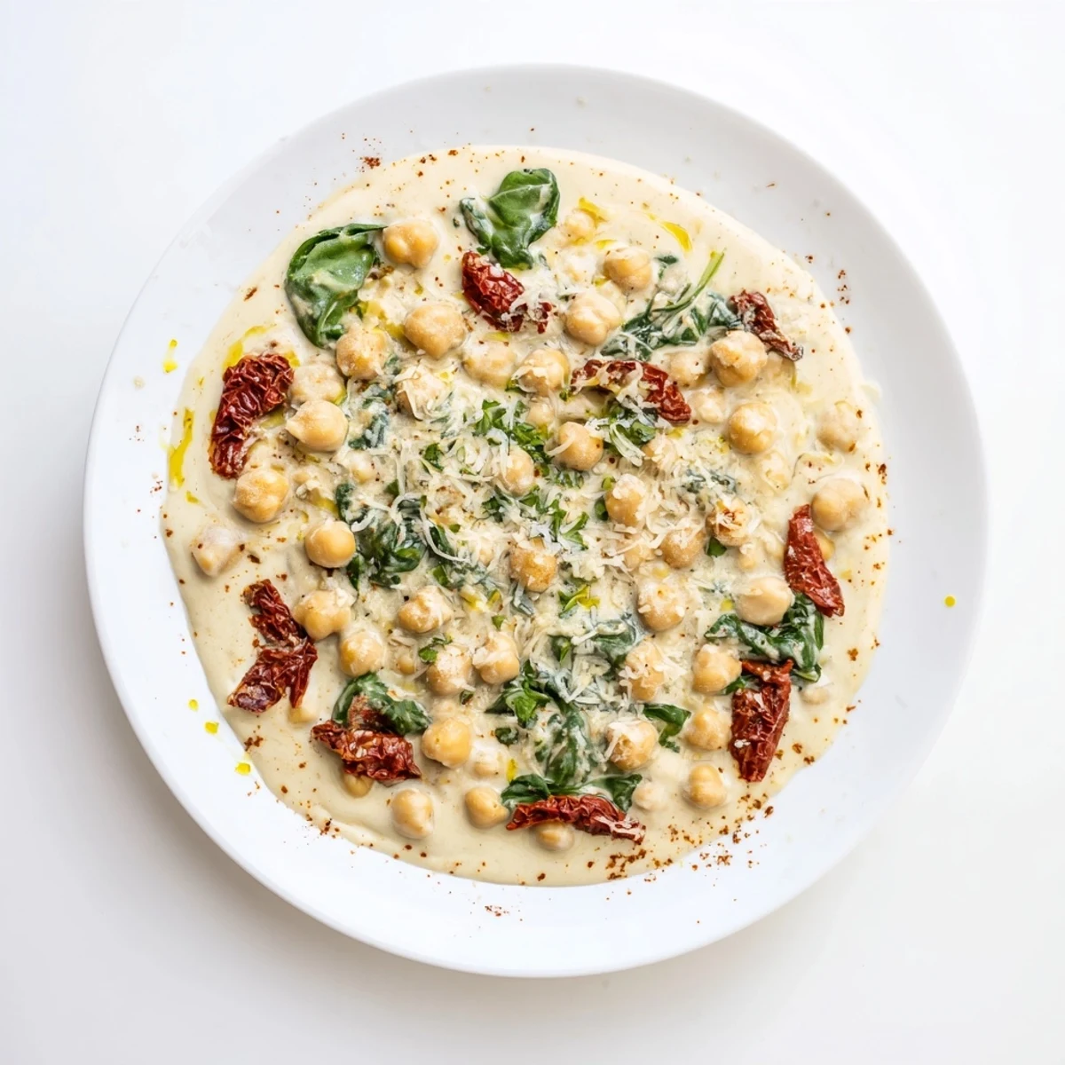 Creamy Marry Me Chickpeas in a white sauce with sun-dried tomatoes and fresh basil garnish