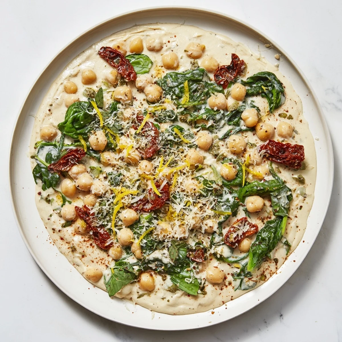 Golden chickpeas swimming in a rich garlic cream sauce with wilted spinach and lemon zest