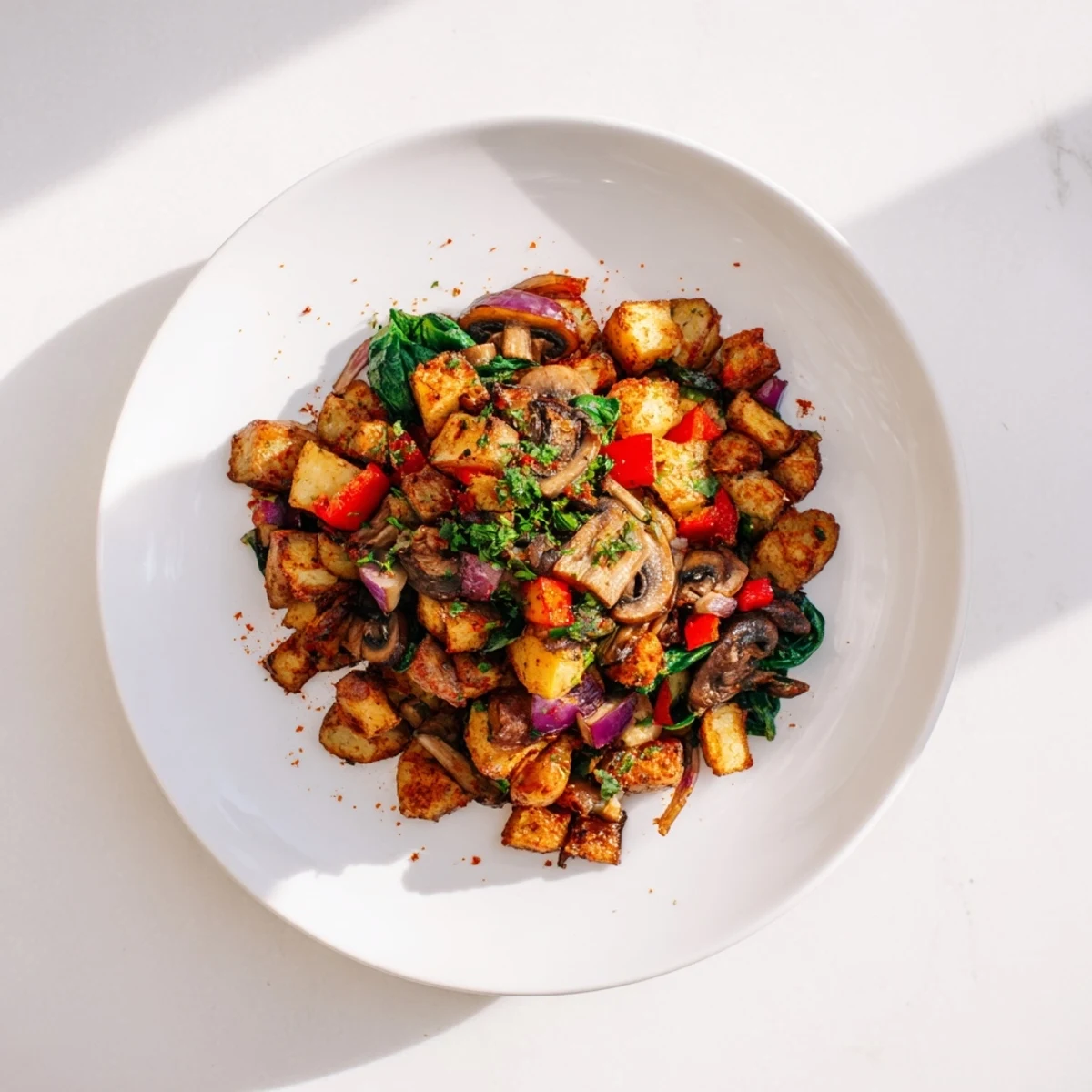 Hearty flavorful vegan breakfast hash topped with fresh parsley and served hot with bold smoky spices