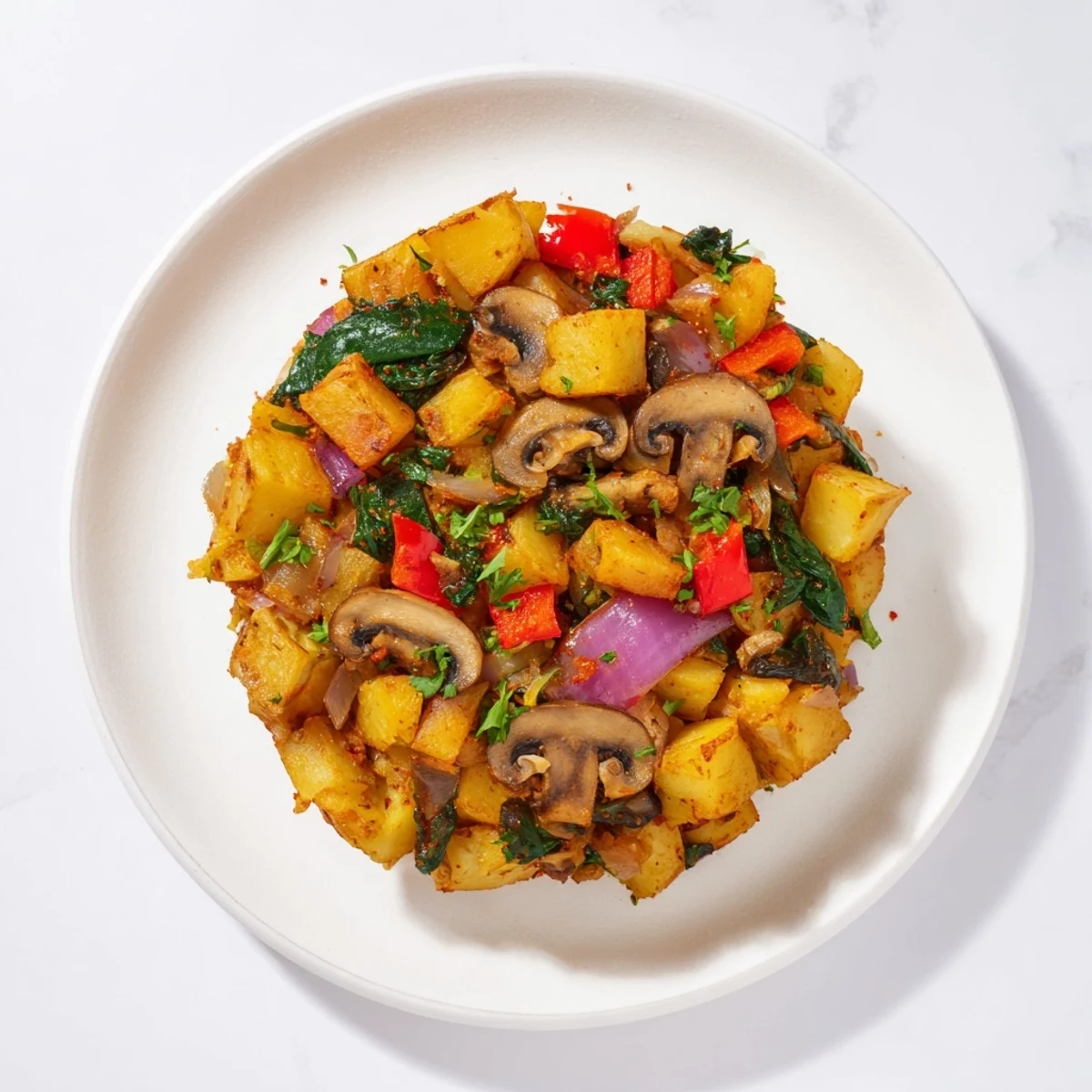 Golden crispy vegan breakfast hash with colorful bell peppers onions and wilted spinach in a skillet