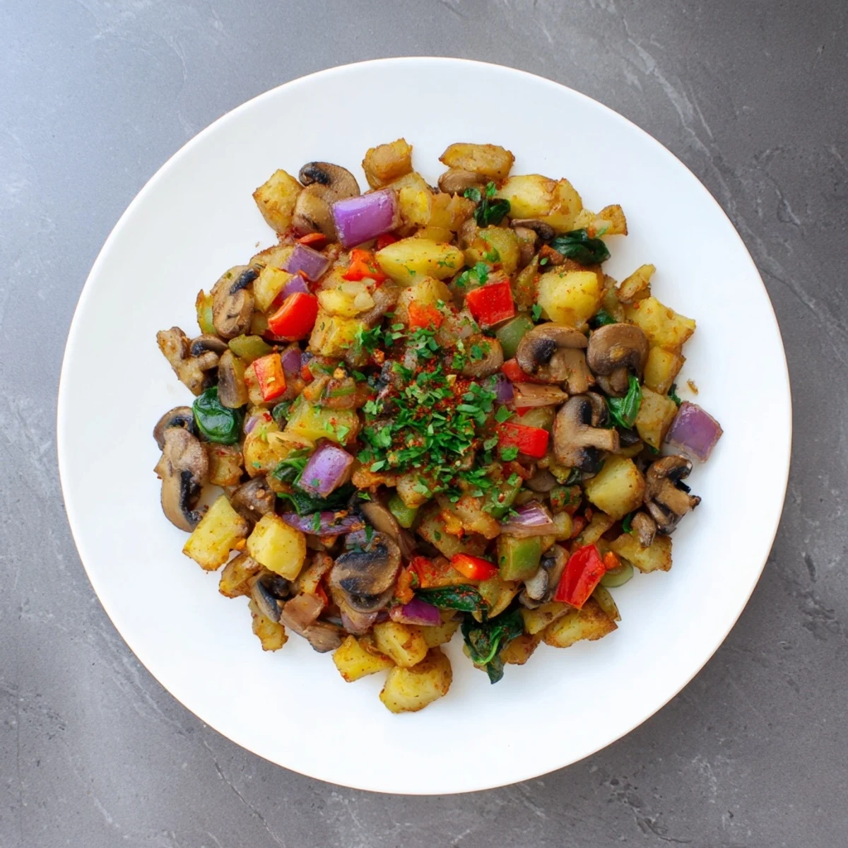 Wholesome vegan breakfast hash featuring tender diced potatoes mushrooms and red vegetables ready for a satisfying meal