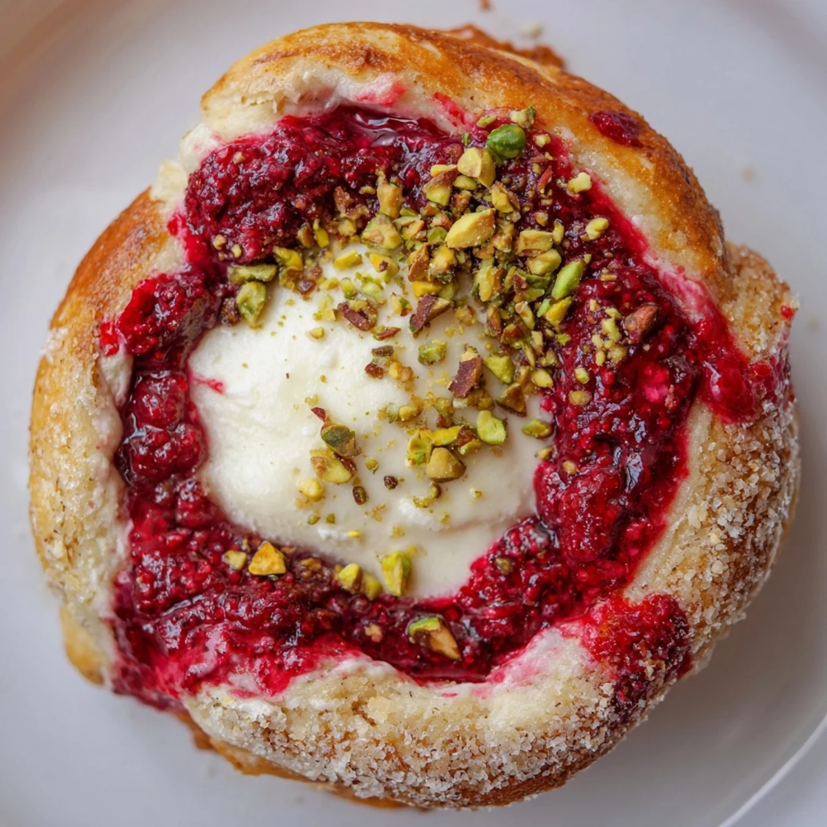 Golden raspberry and rose cheesecake buns with swirls of bright red compote and creamy filling