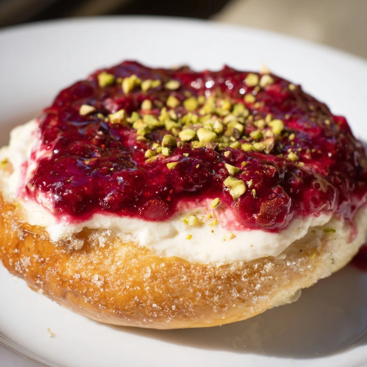 Fluffy homemade buns filled with tangy raspberry compote and sweet rose cream cheese filling, freshly baked
