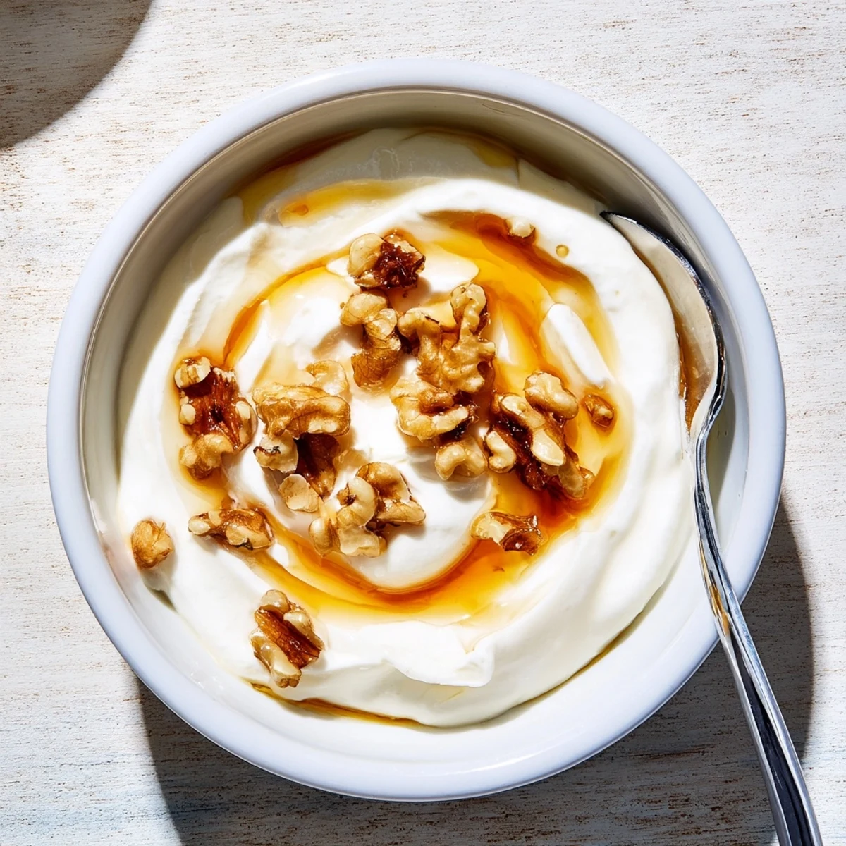 Golden bowl of rich Greek yogurt served with berries and granola for a healthy breakfast