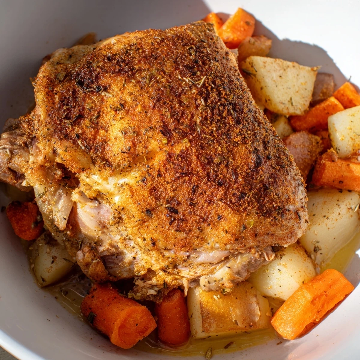 Slow cooker chicken dinner with tender vegetables in golden herb sauce served warm