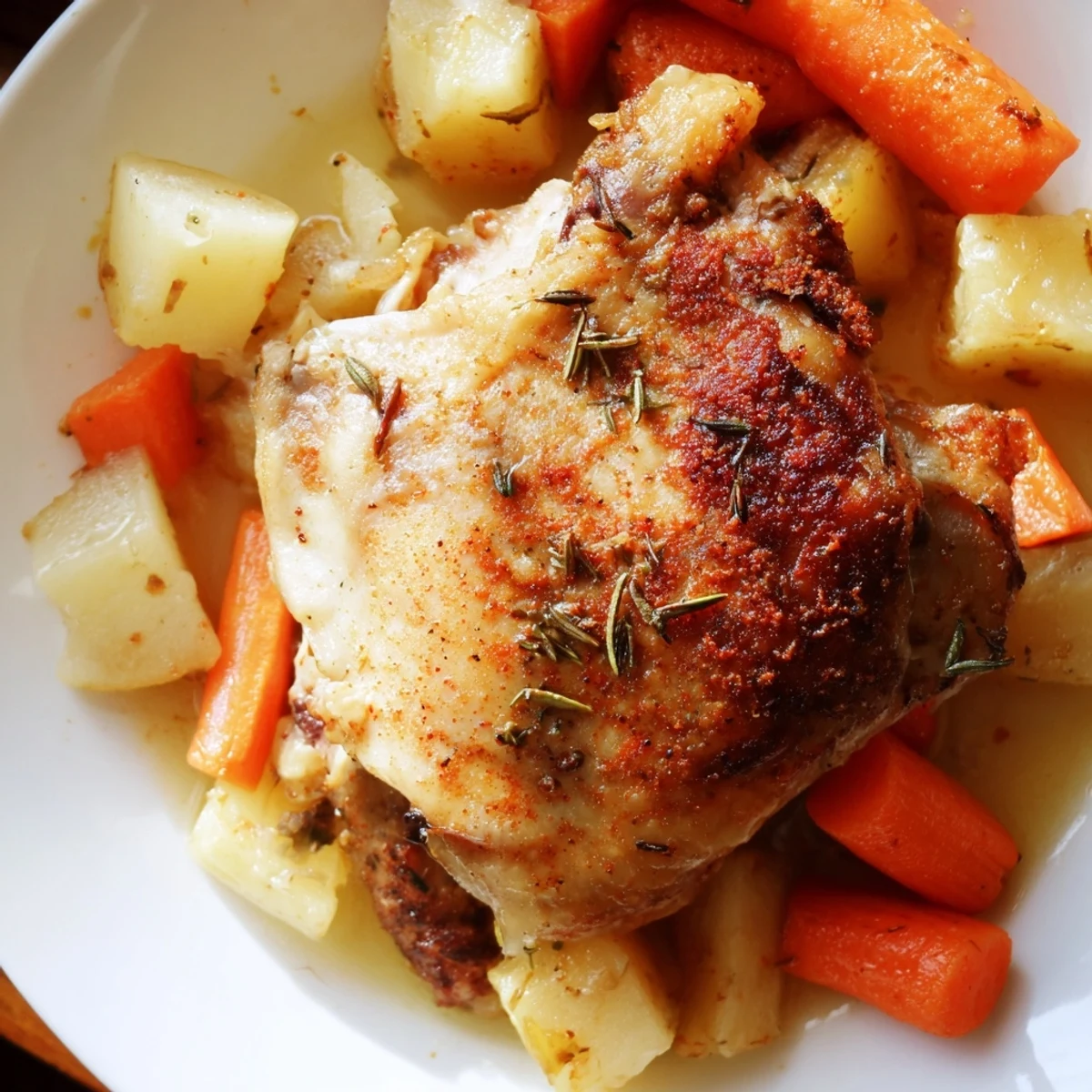 Juicy chicken thighs nestled among carrots and potatoes in a savory slow cooker meal