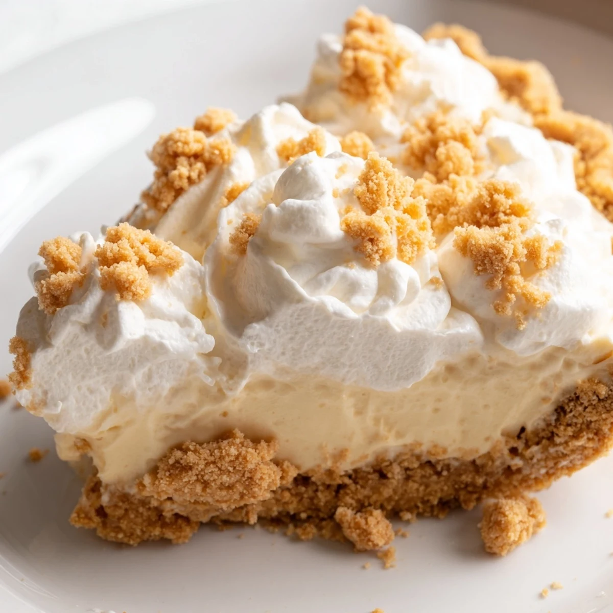 Creamy Amish Peanut Butter Dream Pie topped with fluffy whipped cream and golden peanut butter crumbs