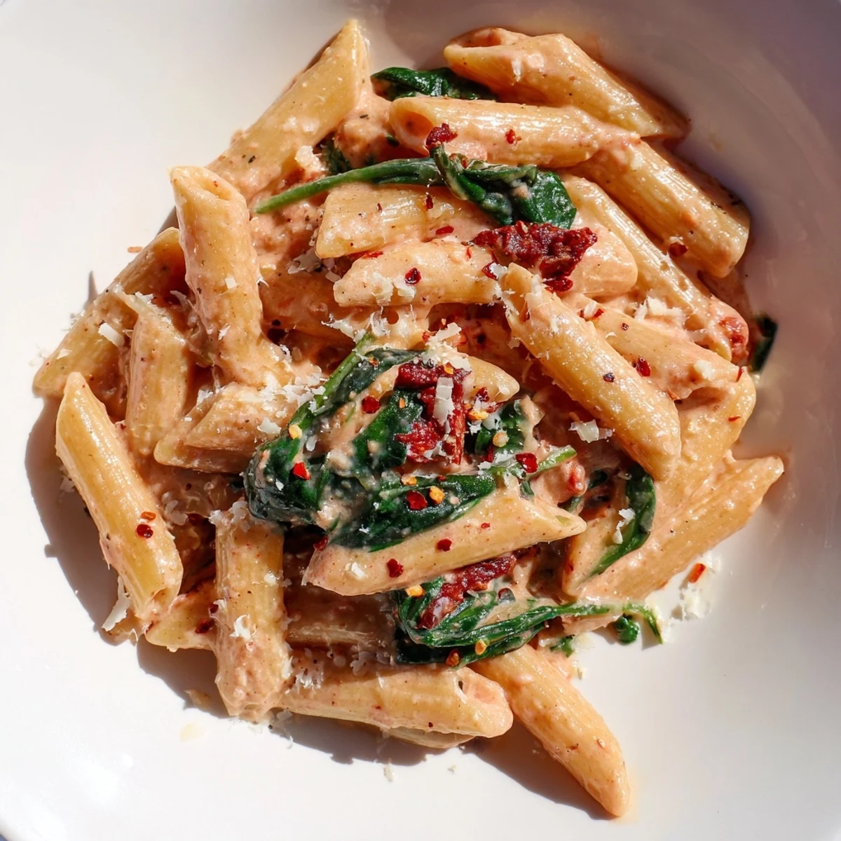Steaming plate of creamy sun dried tomato spinach pasta topped with freshly grated Parmesan cheese