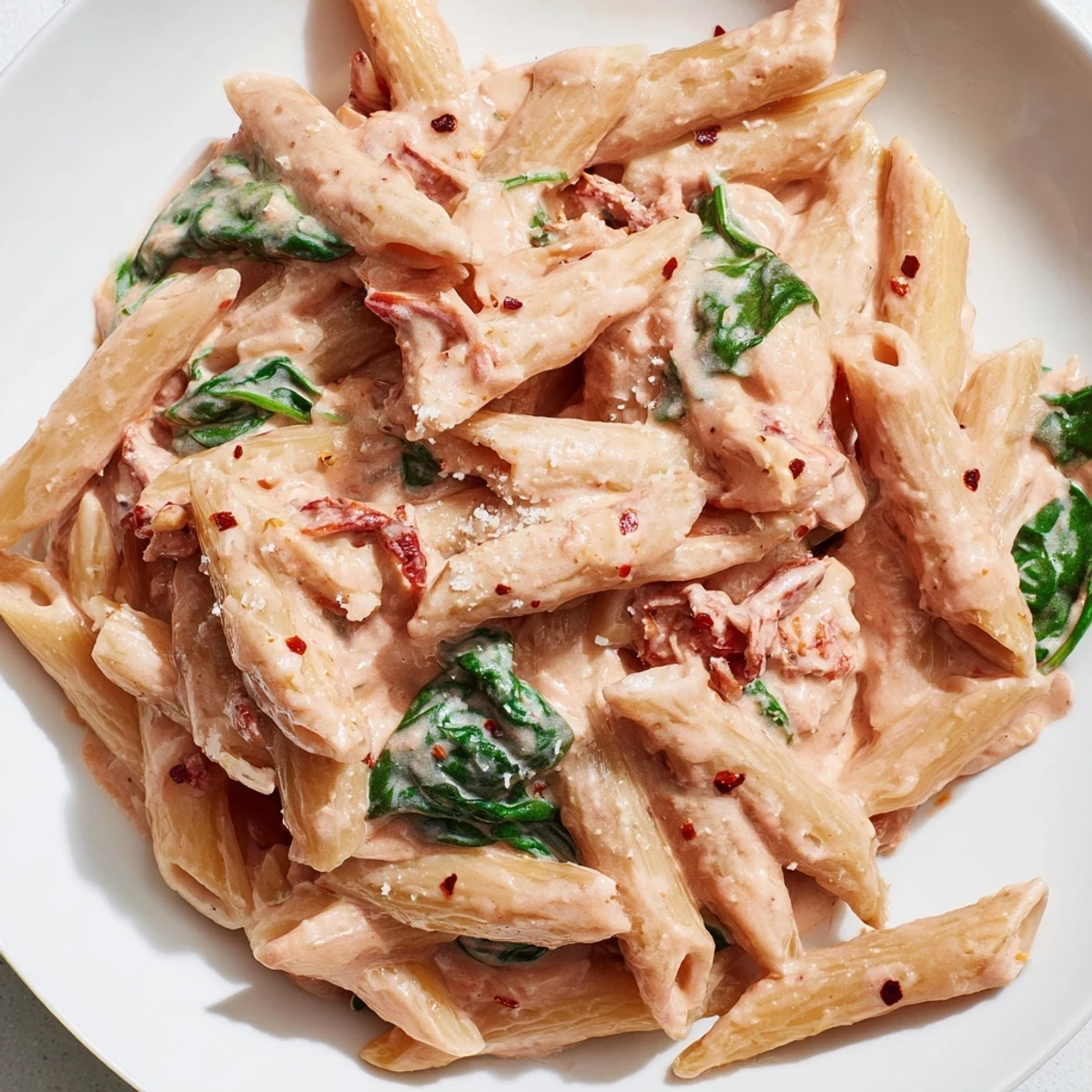 Creamy sun dried tomato spinach pasta in a rustic skillet with vibrant green wilted leaves