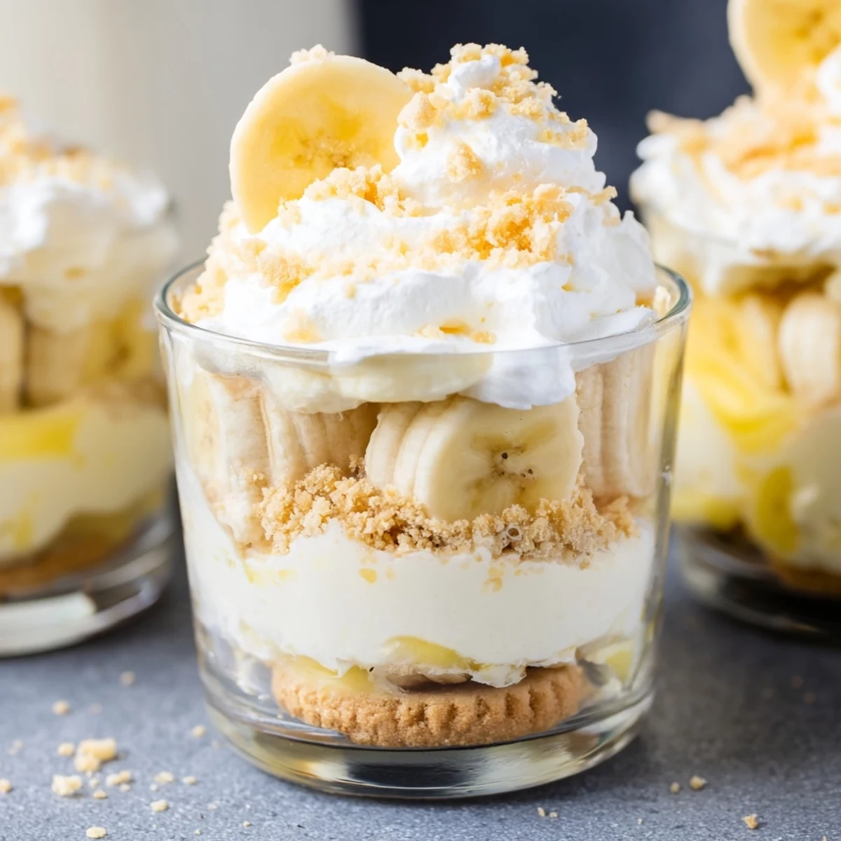 Creamy no bake banana pudding cheesecake cups layered with fresh banana slices and vanilla wafer crumbs in clear glass jars