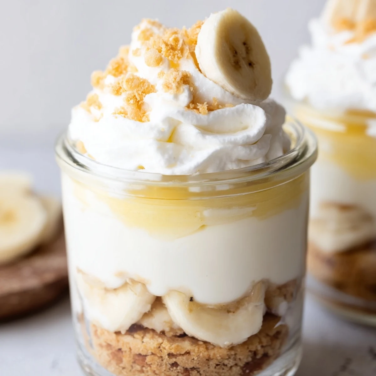 Individual no bake banana pudding cheesecake cups topped with whipped cream and golden cookie crumb garnish