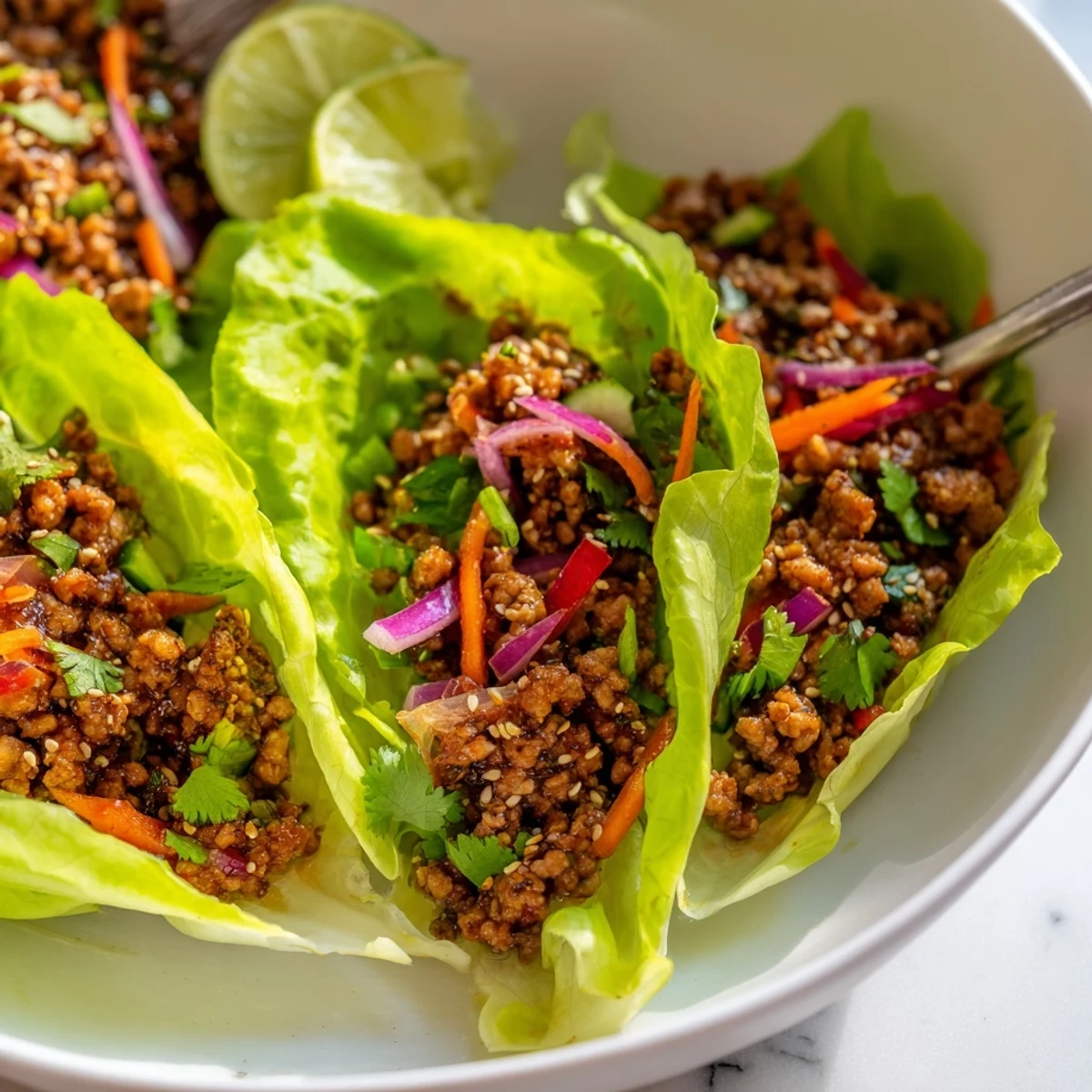 Crisp lettuce cups filled with savory ground turkey lettuce wrap bowls topped with sesame seeds and lime