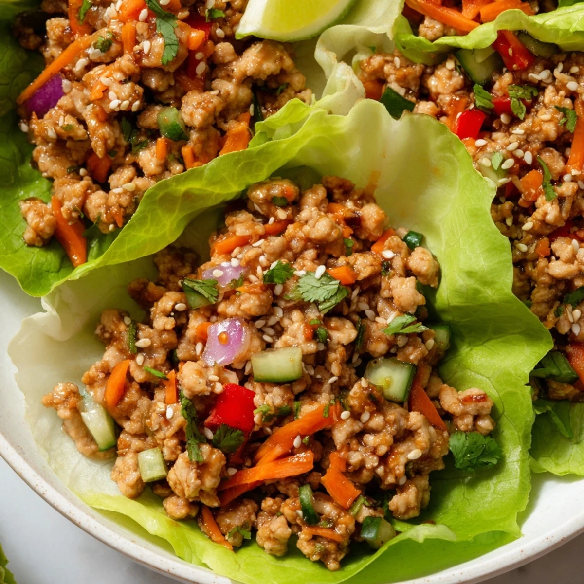 Golden brown seasoned ground turkey lettuce wrap bowls served in vibrant green romaine leaves with fresh cilantro