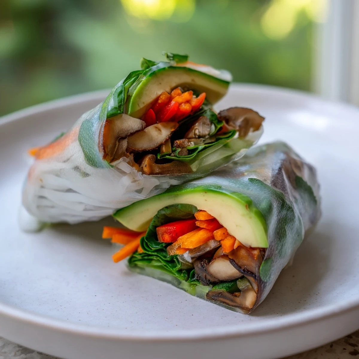 Creamy avocado shiitake spring rolls wrapped in translucent rice paper with crisp vegetables