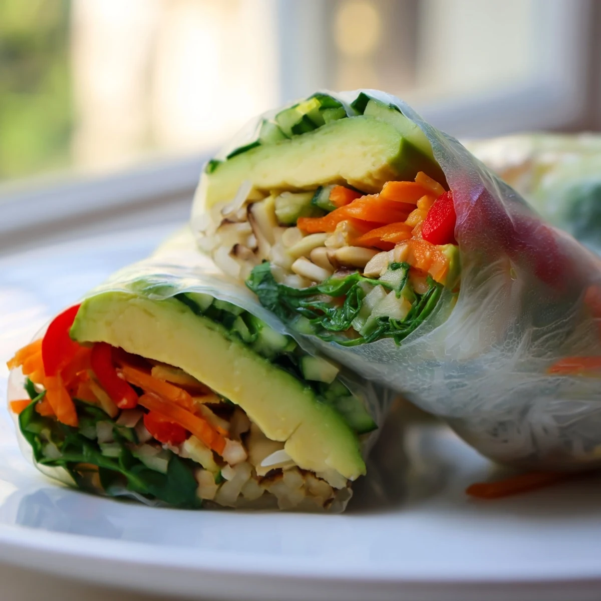 Avocado shiitake spring rolls arranged on a platter with colorful julienned vegetables and fresh herbs