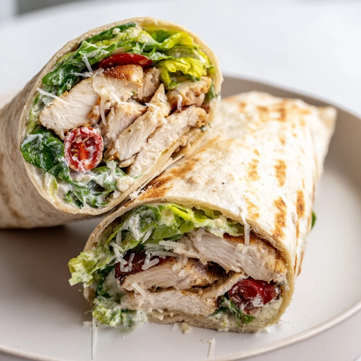 Golden grilled chicken Caesar wraps sliced open showing crisp romaine and creamy dressing inside