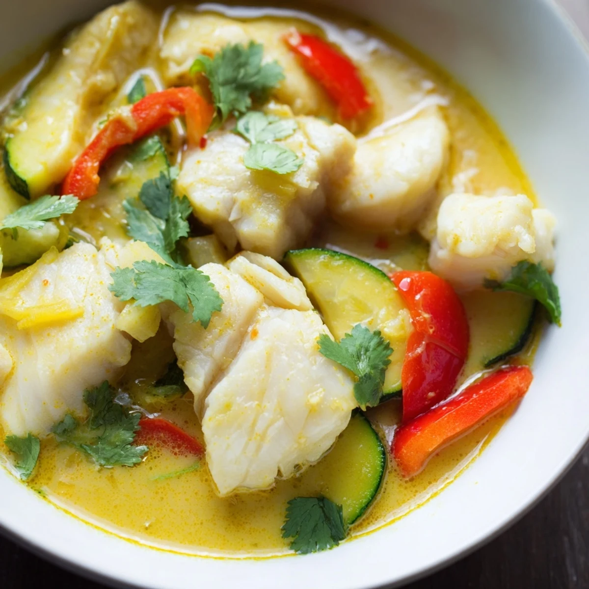 White fish stew simmered in rich coconut milk with colorful bell peppers and aromatic spices