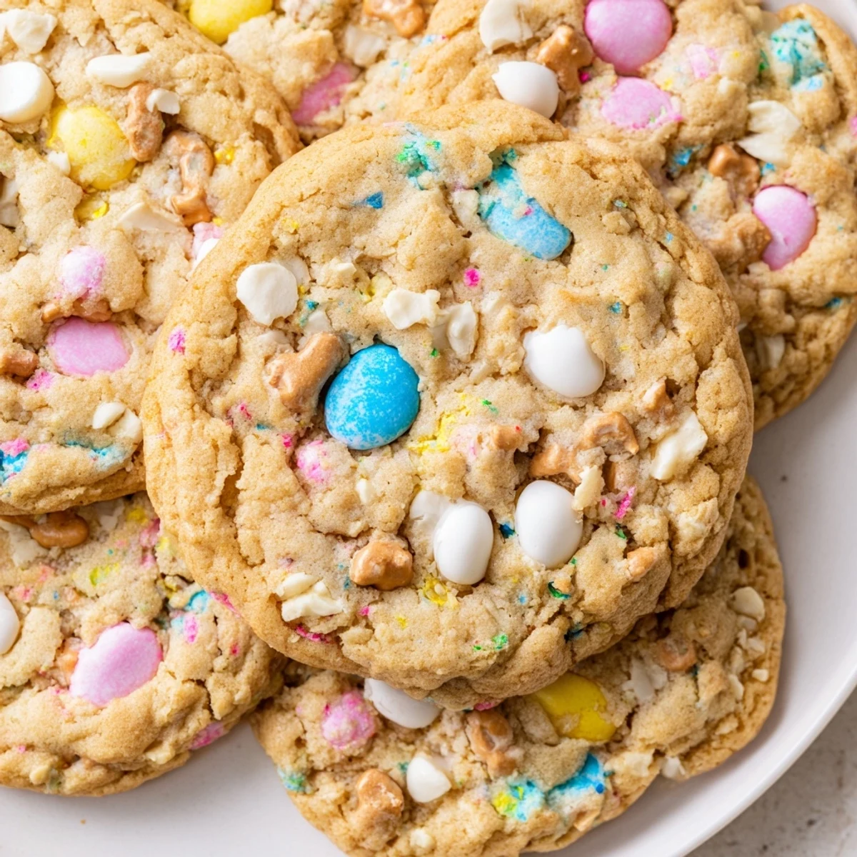 Colorful Easter Trash Cookies loaded with pastel candies pretzels and sprinkles on a rustic baking sheet