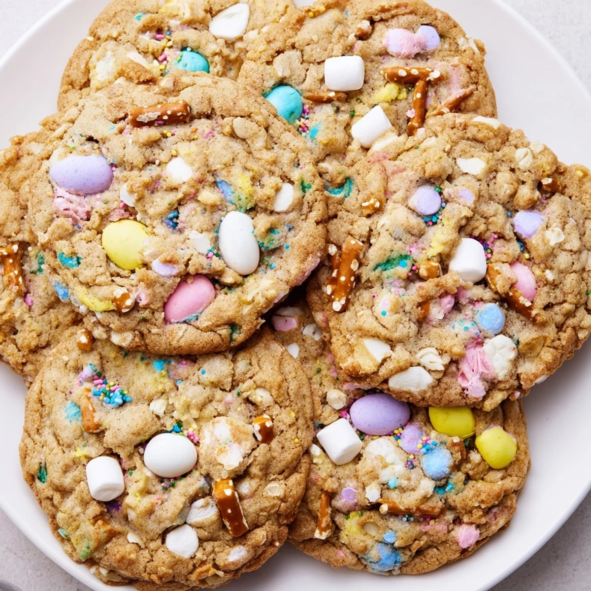 Festive Easter Trash Cookies arranged on a white platter showcasing candy-coated chocolates and broken pretzel pieces