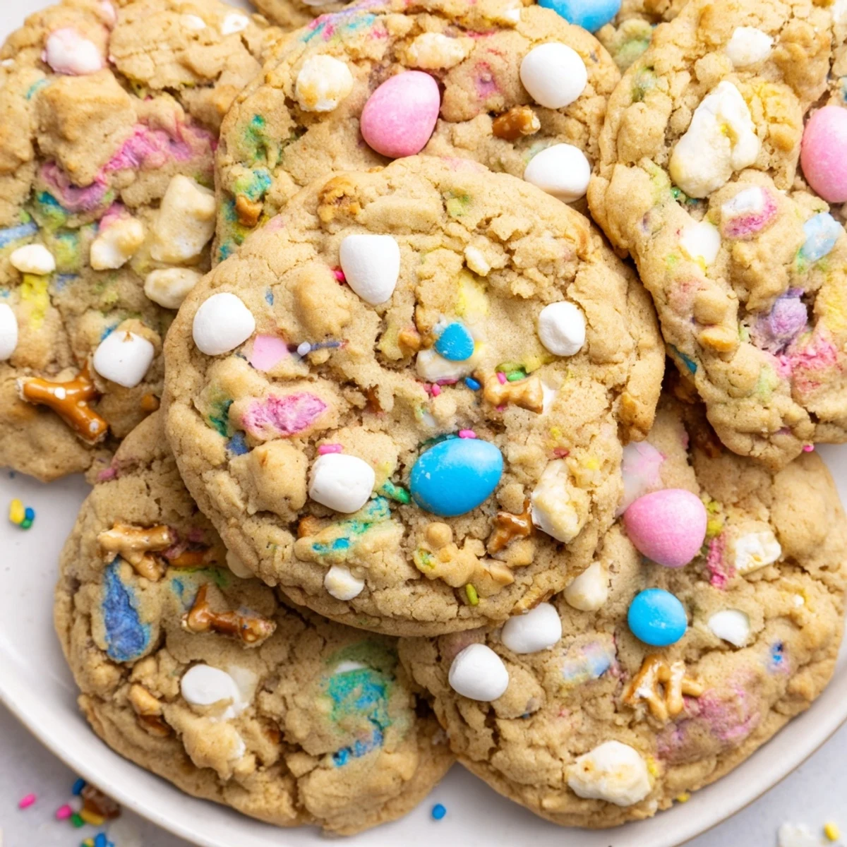 Chewy Easter Trash Cookies with golden edges studded with mini marshmallows and crispy cereal mix-ins