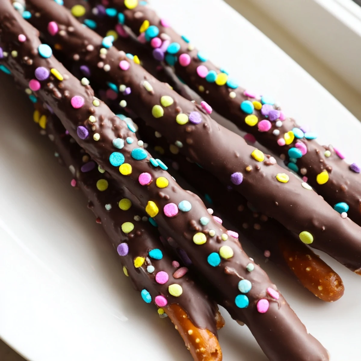 Chocolate covered pretzels for Easter with pastel sprinkles on a white serving plate