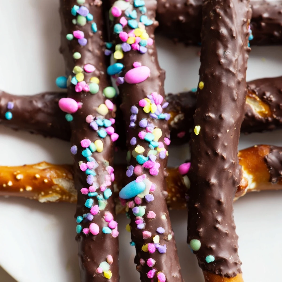 Golden pretzel rods dipped in rich chocolate topped with colorful Easter candy sprinkles