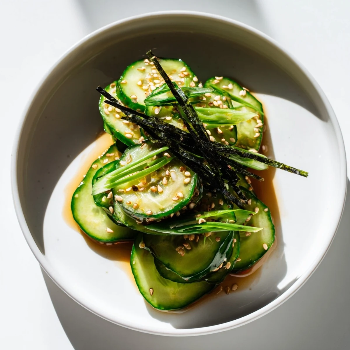 Crisp sushi cucumber salad tossed in tangy rice vinegar with toasted sesame seeds