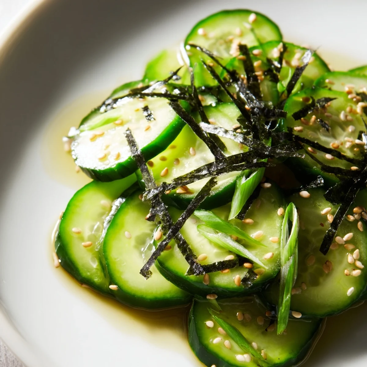 Vibrant sushi cucumber salad topped with nori strips and creamy avocado slices
