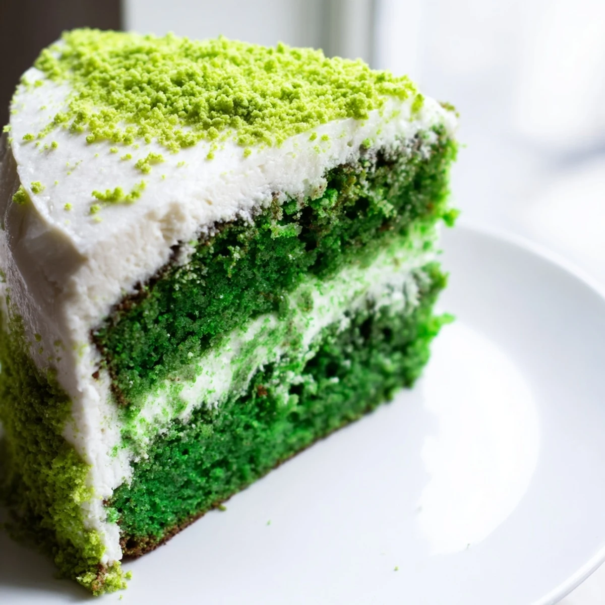 Vibrant green velvet cake with fluffy cream cheese frosting on a white cake stand