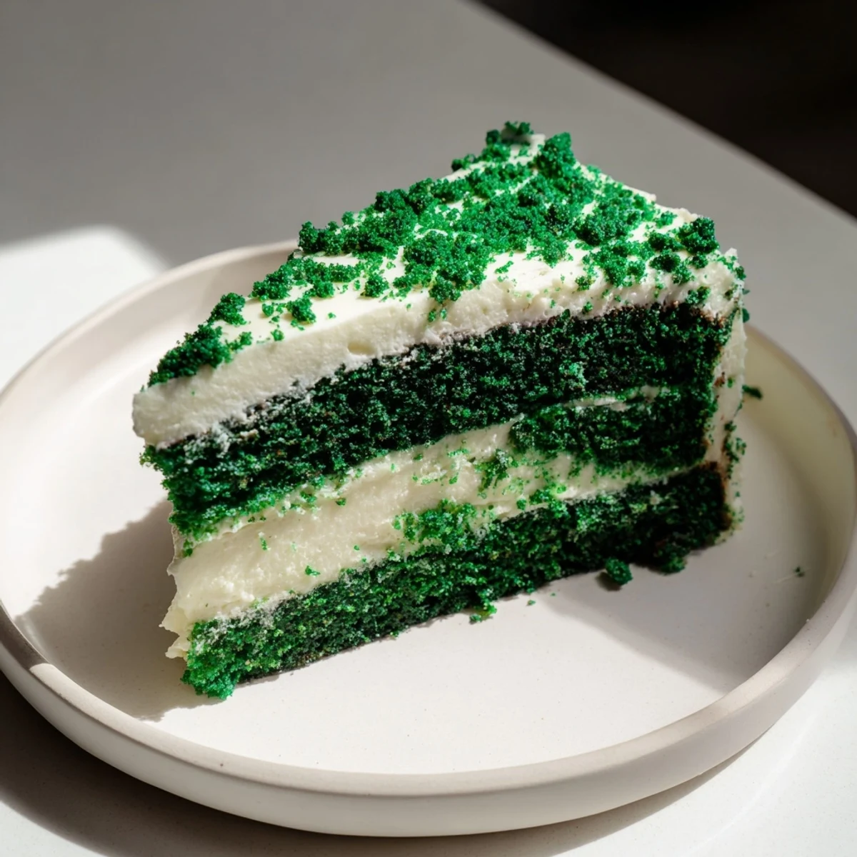 Slice of moist green velvet cake showing its bright emerald cocoa layers