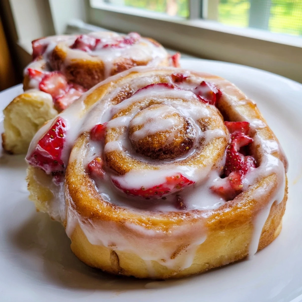 Golden Strawberry Cheesecake Cinnabon Rolls drizzled with creamy vanilla glaze on a rustic plate