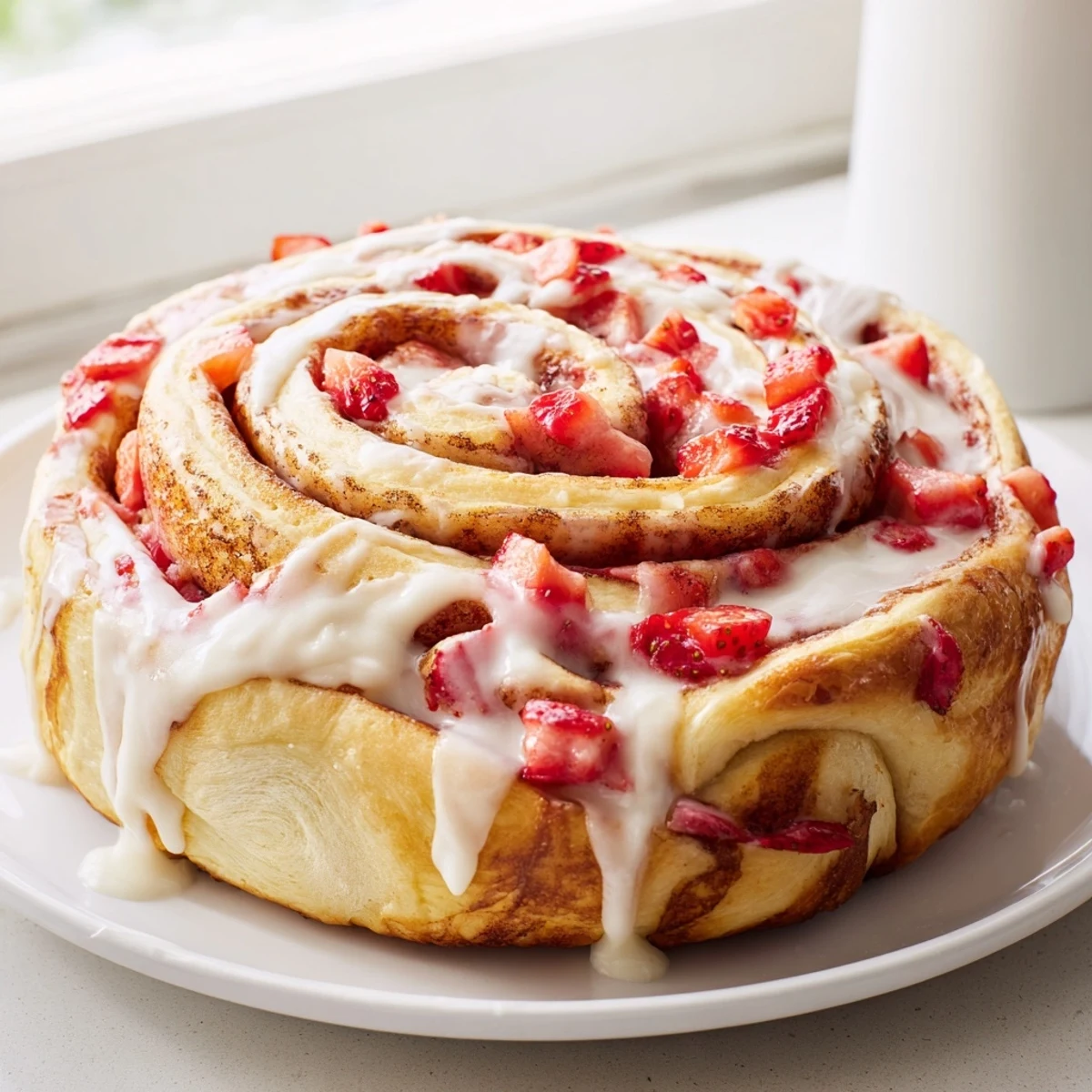Freshly baked Strawberry Cheesecake Cinnabon Rolls topped with luscious glaze and scattered strawberry pieces