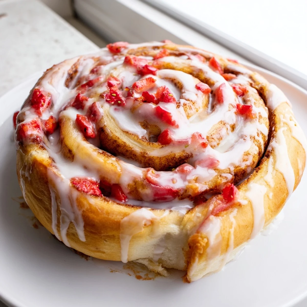 Warm Strawberry Cheesecake Cinnabon Rolls pulled apart revealing swirled cream cheese and strawberry filling