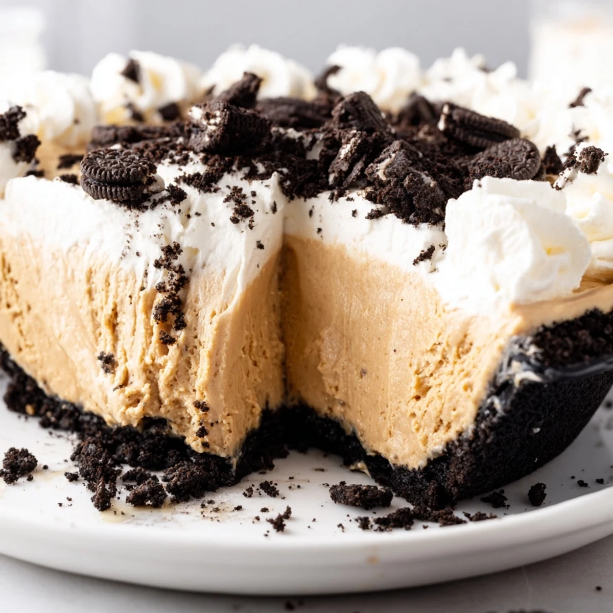 Creamy peanut butter Oreo pie with fluffy whipped topping and chocolate cookie crumbles