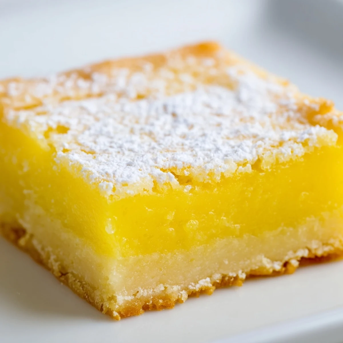 Golden lemon bars with powdered sugar dusting on a rustic white serving plate