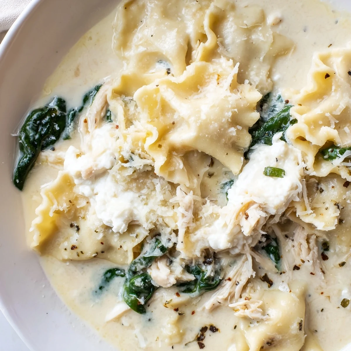 Creamy white lasagna soup with tender noodles and melted cheese in a white bowl