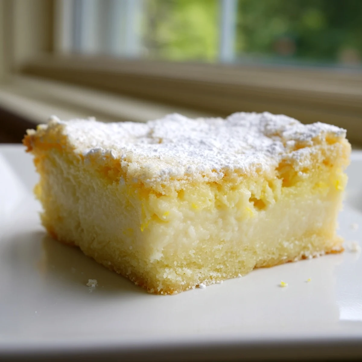 Golden Lemon Gooey Butter Cake squares dusted with powdered sugar on a white ceramic plate