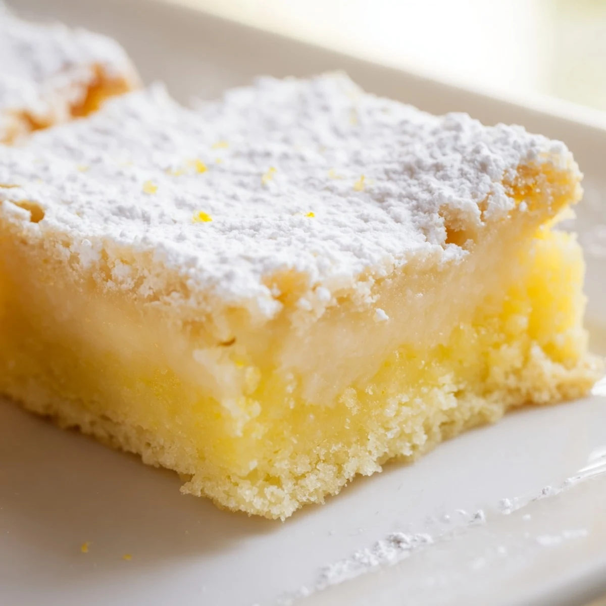 Creamy Lemon Gooey Butter Cake with tangy custard filling and golden brown crust edges