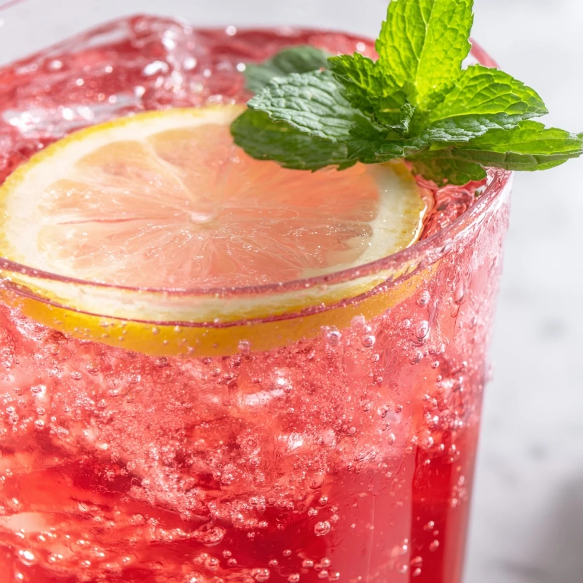 Sparkling honey lemon pink soda with cranberry hue and fresh lemon slices